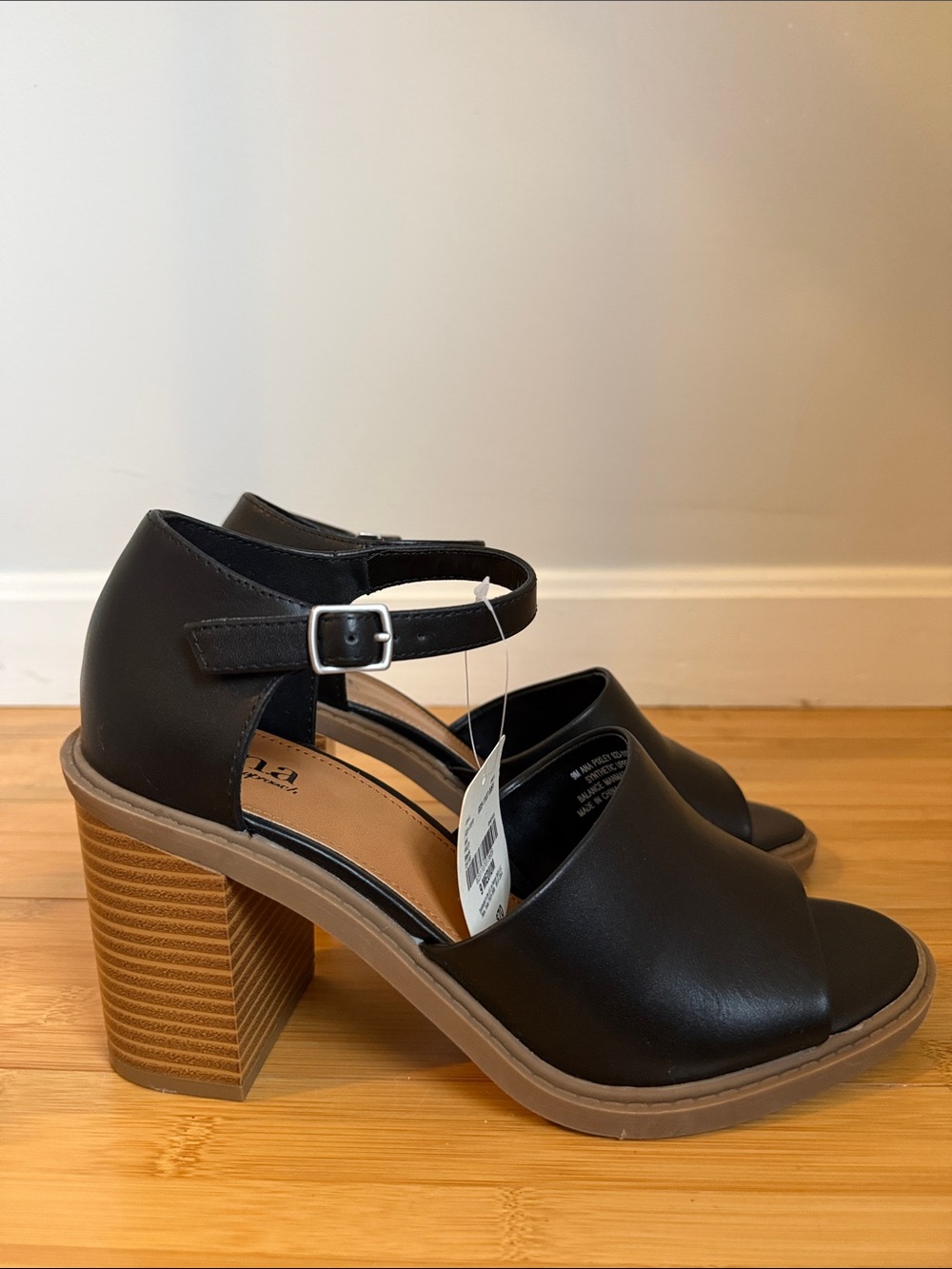 a.n.a Black Open-Toe Block Heel Sandals with Tan Stacked Heel
